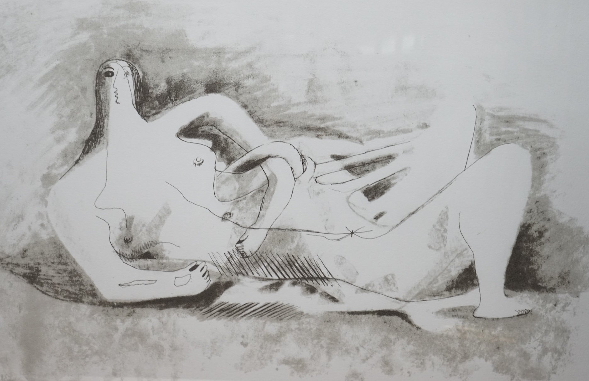 After Henry Moore (1898-1986), lithograph, 'Drawing for figure in metal or reinforced concrete', 78 x 98cm, unsigned. Condition - good, glass cracked